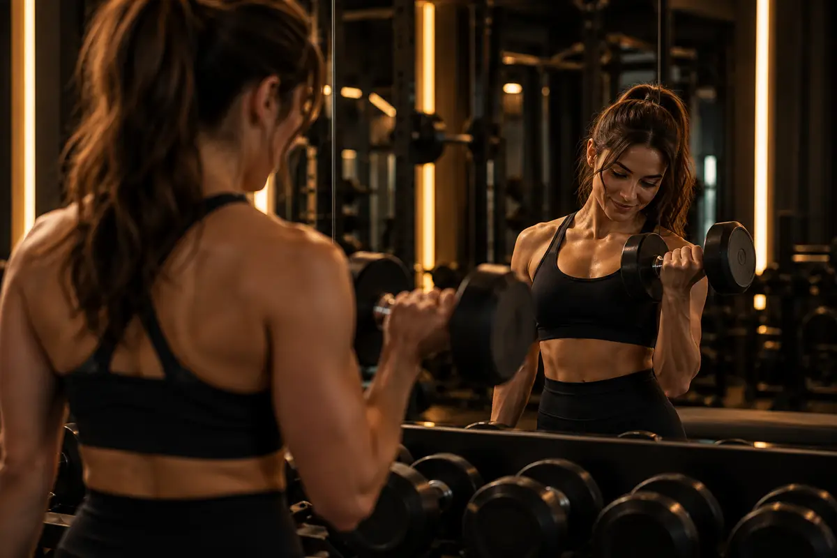 Mujer haciendo curl de bíceps con mancuerna frente al espejo del gimnasio