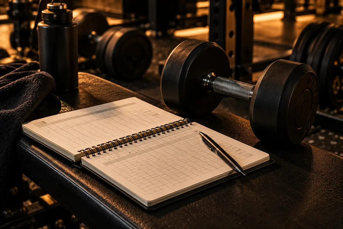 Cuaderno de entrenamiento abierto junto a unas mancuernas