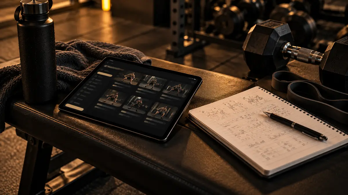 Guía de entrenamiento en una tablet y cuaderno de notas en el gimnasio